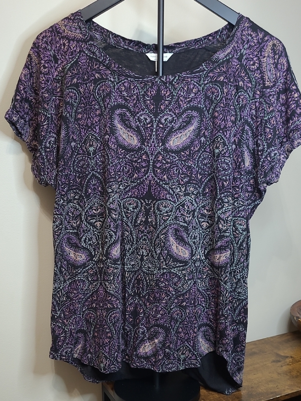 Lucky Brand Black & Purple Paisley Print Top with Split Hem in the Back size L
